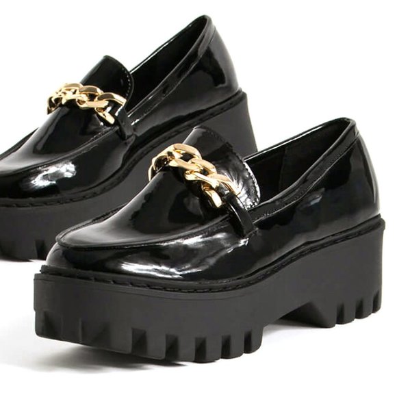 New Women Black Patent Gold Chain 